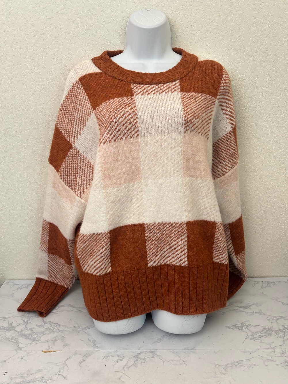 A New Day Womens Sweater Sz L Cable Crewneck Pullover Cozy Soft Sweater Plaid